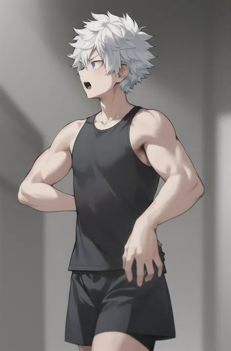 horikoshi kohei, 1boy, absurdres, best quality, short sleeves, black tank top, white hair, blurry, blurry background, boku no hero academia, chama kou, highres, looking away, male focus, muscular, muscular male, open mouth, blue eyes, short hair,

