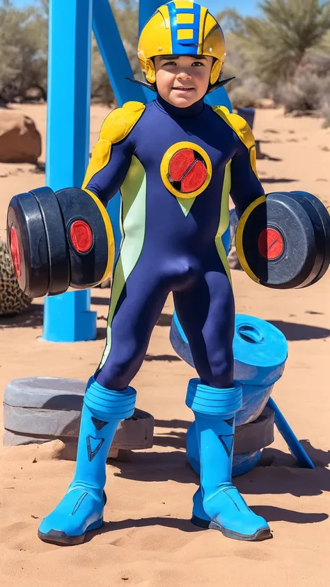 Desert Oasis,Huge muscles,Huge penis,Boy wearing a blue helmet,Hero Suit,（（（8-year-old boy）））,Rubber Suit,Get fit with dumbbells,Painful expression,8-head body and long legs