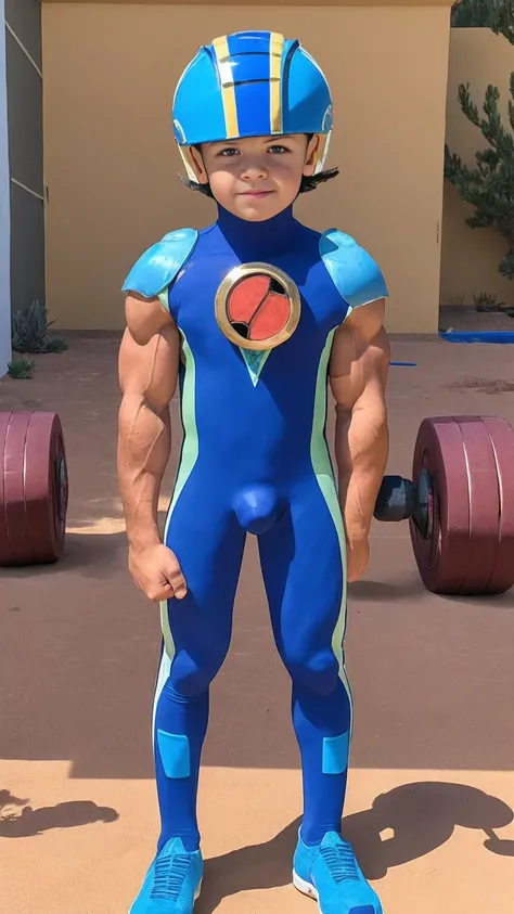 Desert Oasis,Huge muscles,Huge penis,Boy wearing a blue helmet,Hero Suit,（（（8-year-old boy）））,Rubber Suit,Get fit with dumbbells,Painful expression,8-head body and long legs