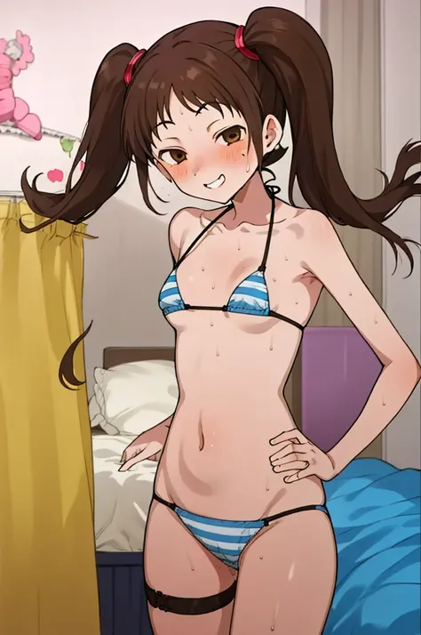 ((Girl，alone，Baby Face，Very short stature)), 16 years old, Cowboy Shot，twin tails，(Sunburnした肌，Sunburn)，Brown Hair, bikini，Mischievous smile,brown_eye,h striped panties，Thigh straps，My Room，Cute female brat，Bruises and gestures