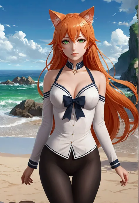 anime girl with long orange hair standing on beach near ocean, green eyes detailed digital anime art, cat ears, , anime girl with long hair, smooth anime cg art, anime girl with long hair, average breast size, digital anime art, artwork in the style of guw...