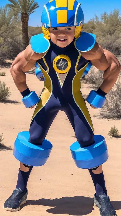 Desert Oasis,Huge muscles,Huge penis,Boy wearing a blue helmet,Hero Suit,（（（8-year-old boy）））,Rubber Suit,Get fit with dumbbells,Painful expression,8-head body and long legs