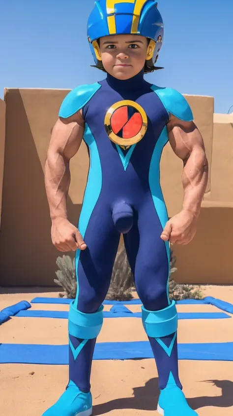 Desert Oasis,Huge muscles,Huge penis,Boy wearing a blue helmet,Hero Suit,（（（8-year-old boy）））,Rubber Suit,Get fit with dumbbells,Painful expression,8-head body and long legs