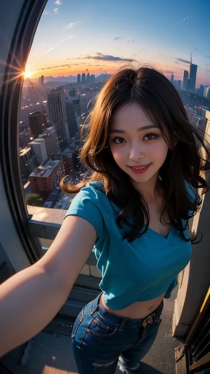 One girl, Korean, Fisheye Lens, Selfie, Wind, Messy Hair, sunset, Cityscape, (Aesthetics and atmosphere:1.2),smile