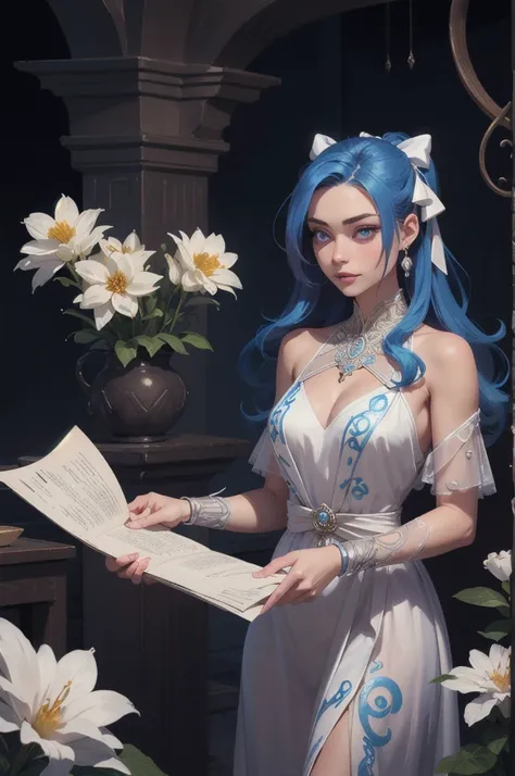 1girl, long hair, bright hair color, seductive eyes, mysterious expression, mature appearance, charming dress, flowing dress, elegant jewelry, intricate decoration, magic symbols, glowing accessories, potions, scrolls, cute accents, bows, ribbons, flowers,