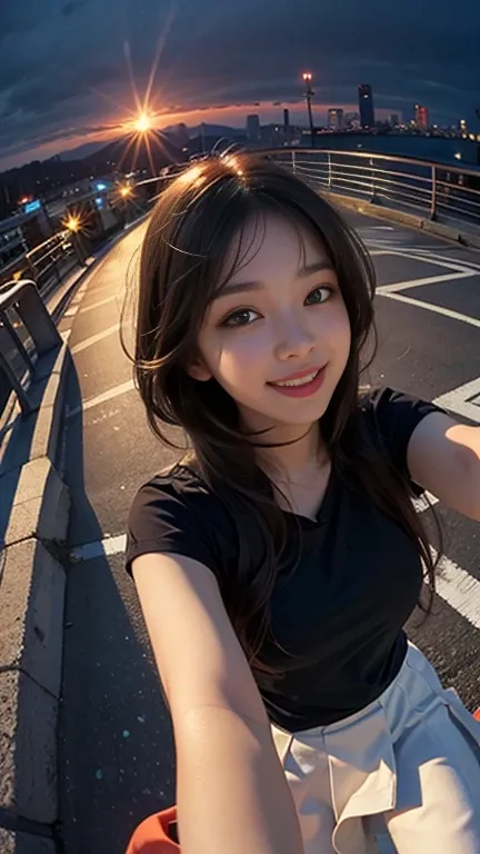 One girl, Korean, Fisheye Lens, Selfie, Wind, Messy Hair, sunset, Cityscape, (Aesthetics and atmosphere:1.2),smile