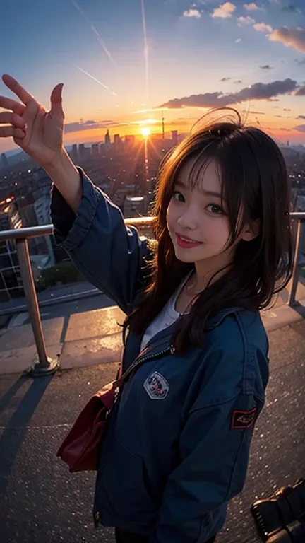 One girl, Korean, Fisheye Lens, Selfie, Wind, Messy Hair, sunset, Cityscape, (Aesthetics and atmosphere:1.2),smile