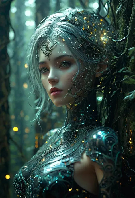 Create an image where the treetops are decorated with twinkling lights, merging nature with a magical starry atmosphere. (Little funny robot, porcelain face and head, big turquoise eyes, long silver hair) perfect eyes double exposure, bioluminescent fantas...