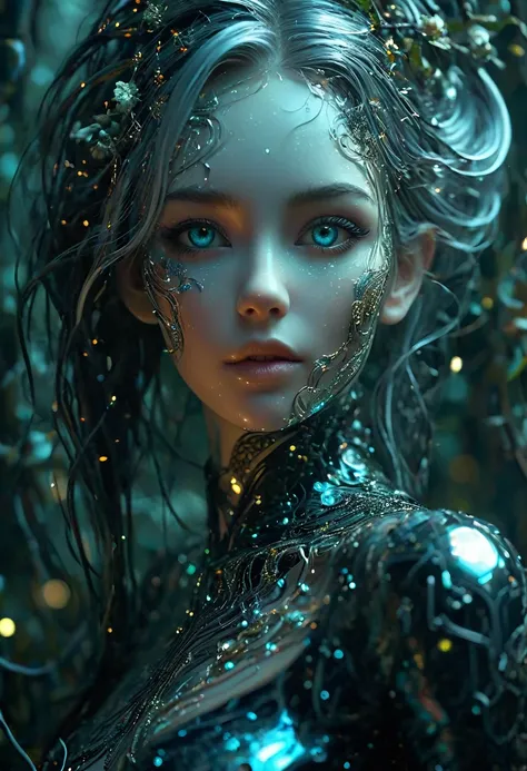 Create an image where the treetops are decorated with twinkling lights, merging nature with a magical starry atmosphere. (Little funny robot, porcelain face and head, big turquoise eyes, long silver hair) perfect eyes double exposure, bioluminescent fantas...