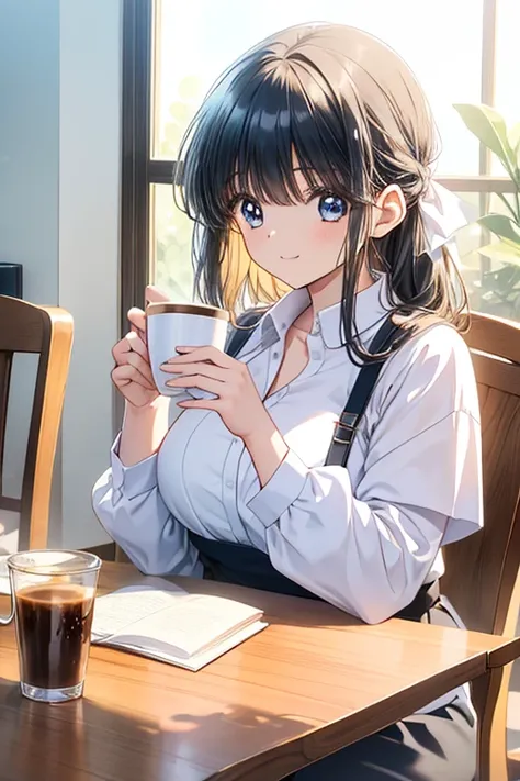 1girl, A woman the size of a coffee cup, looking relaxed and content,on the table,