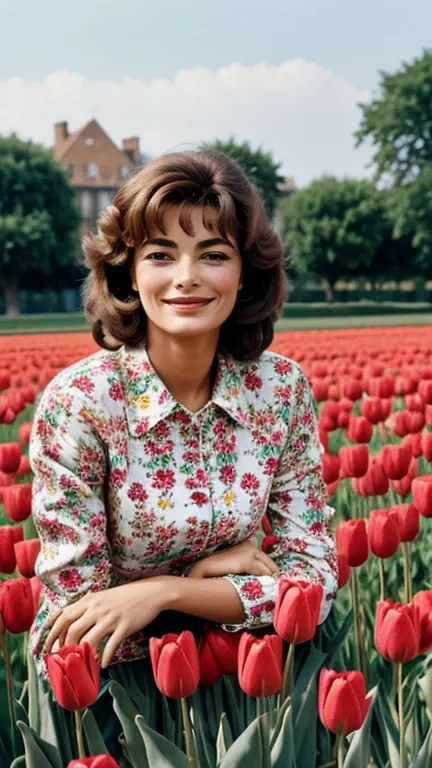 Anouk Aimée wearing clothes made of tulips and smiling