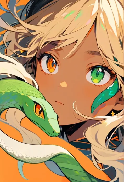 ghibli, a girl with green snake, girl green eyes, orange eyes snake, blonde hair, tan skin, acrilic art, orange background, face...