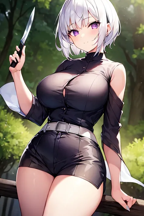 1girl, white hair, very short hair, purple eyes, pixie cut, light smile, breasts, thick thighs, toned, black shirt, shirt, robe, green robe, , shorts, white shorts, knife, young face, forest, 