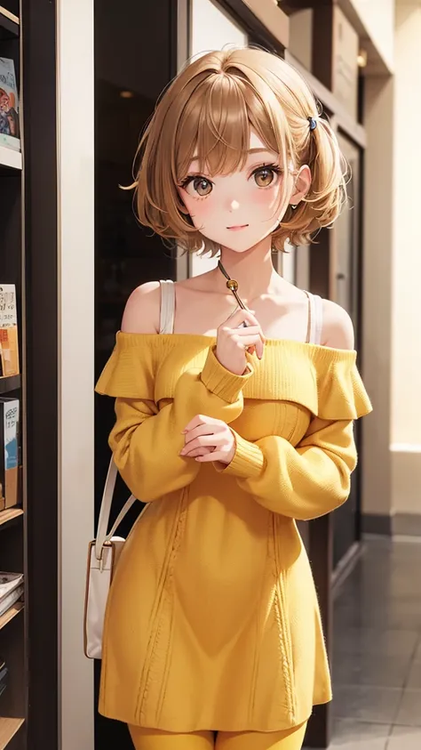 A beautiful girl wearing an off-the-shoulder knit dress（20th Generation）Cute face, wearing yellow tights, short hair, light brown hair color