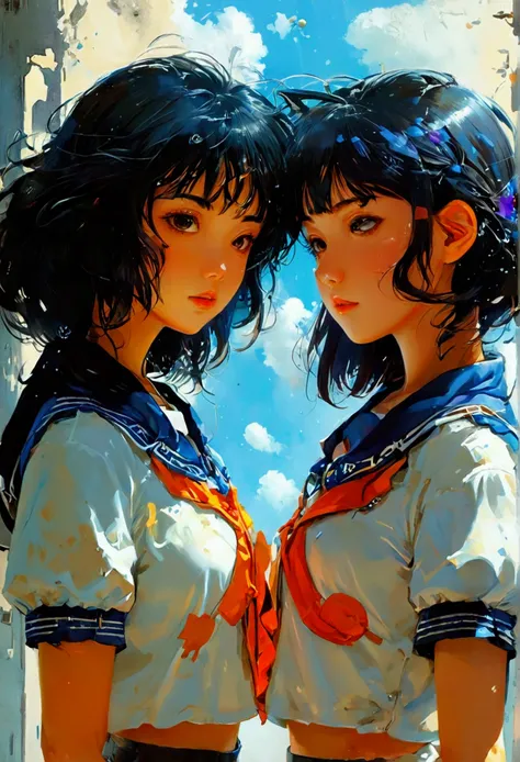 anime girl back to back girl looking at each other, in the style of katsuhiro otomo, satoshi kon artstyle, inspired by Otomo Katsuhiro, satoshi, inspired by Josan Gonzalez, by Otomo Katsuhiro, katsuhiro tomo, satoshi con, katsuhiro - otomo, by Hirohiko Ara...