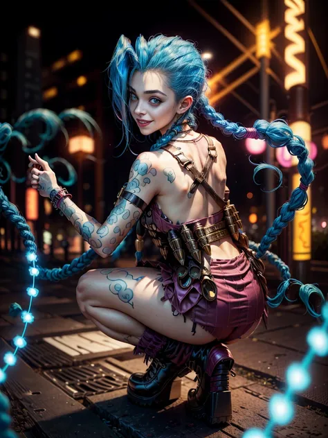 ((Jinx wears a Harajuku Tech costume), Cowboy-shot, wind, tousled hair, (Aesthetics and atmosphere:1.2),smiling, Laugh, from the back, crouching