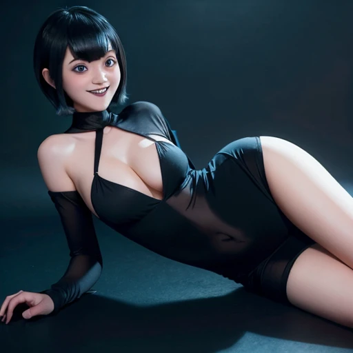 Bizarre vampire girl, busty ,curvy ,bobcut, bangs , slender body, legs apart, Nswf, flirtatious smile, Natural shading,  