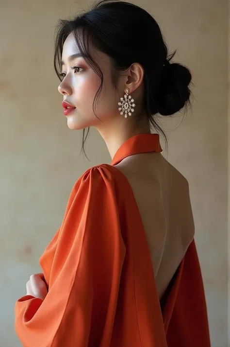 pretty asian lady, side view, high fashion