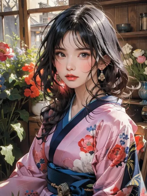 (highest quality、8k、32k、masterpiece)、(masterpiece, up to date,Exceptional:1.2), Anime, One girl,Front hair,black_hair, Beautiful 8k eyes,Looking_in_Audience,One person in,Are standing,((Very beautiful woman, Fuller lips, Japanese pintern kimono))、((Colorfu...