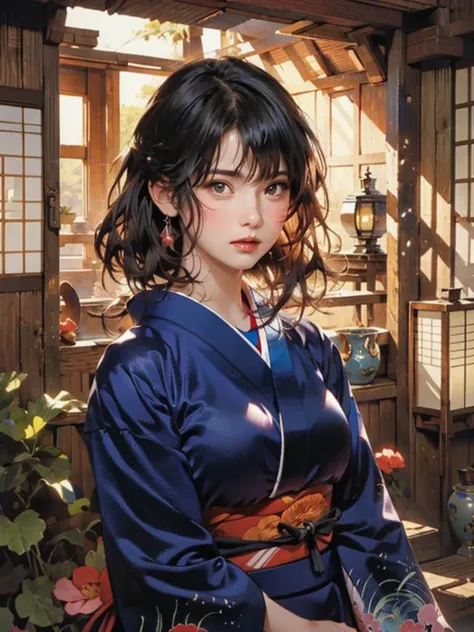 (highest quality、8k、32k、masterpiece)、(masterpiece, up to date,Exceptional:1.2), Anime, One girl,Front hair,black_hair, Beautiful 8k eyes,Looking_in_Audience,One person in,Are standing,((Very beautiful woman, Fuller lips, Japanese pintern kimono))、((Colorfu...