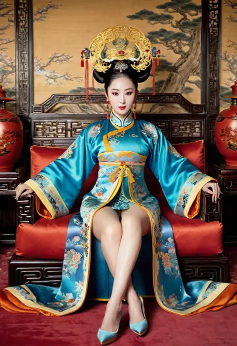 Luxurious empress in a Chinese court during the Qing Dynasty The background of a gorgeous, erotic woman wearing a crown and tying her hair in a perverted and erotic way is a large, naked, golden Qing dynasty empress on a sofa with her legs wide open and he...