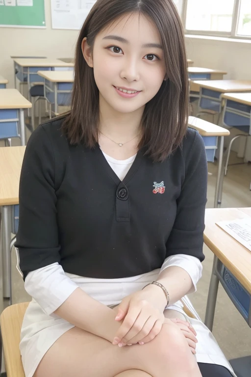 8K picture quality，masterpiece,best quality,A good-looking student，Wear black underwear，Smile，In class，school classroom、Sitting at the table