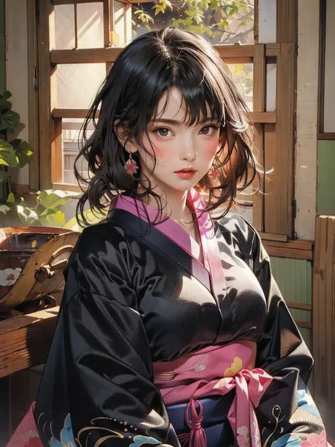 (highest quality、8k、32k、masterpiece)、(masterpiece, up to date,Exceptional:1.2), Anime, One girl,Front hair,black_hair, Beautiful 8k eyes,Looking_in_Audience,One person in,Are standing,((Very beautiful woman, Fuller lips, Japanese pintern kimono))、((Colorfu...