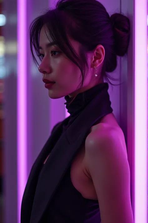 pretty asian lady, side view, high fashion, purple vibe, emnotive