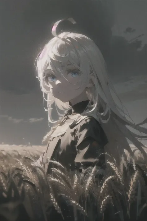 (masterpiece, cinematic composition, cinematic lighting, detailed background, bloom, shine, moody lighting), peasant girl working in the middle of a wheat field, white hair, ahoge, (absurdly long hair:1.2), pale skin, blue eyes, expressionless, looking at ...