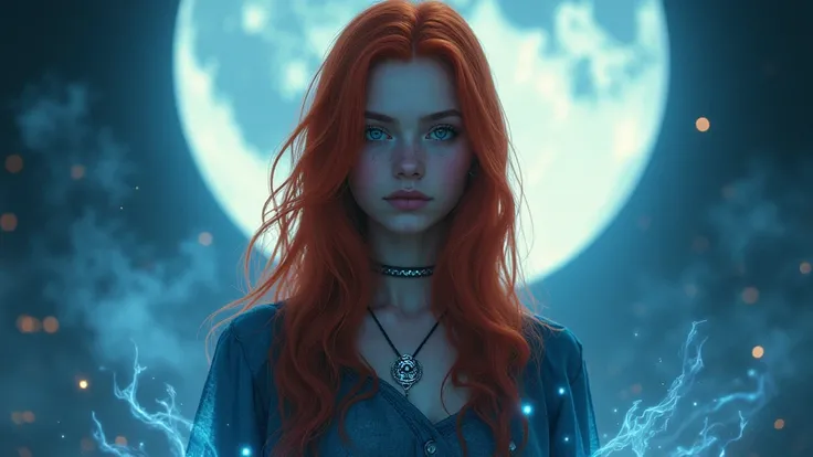 A girl with fiery red hair and piercing blue eyes, in a confident posture, Under the moonlit sky, surrounded by a magical aura that seems straight out of a fairy tale.