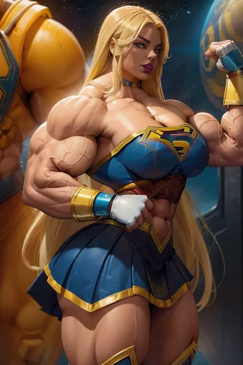 (((Close-up))), tall, (yellow hair) beautiful muscular Latino woman, long flowing hair, brown skinned, closed smile, large breast, (black lipstick), (massive muscles), (hyper muscle), ((ginormous bulky muscles)), blue eyes, (((yellow supergirl suit))), (ye...