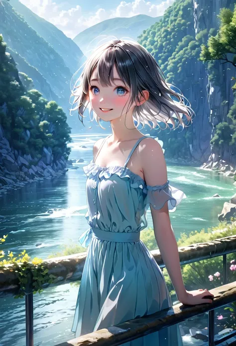 Highest quality, Highest quality, 16K, Unbelievably absurd, Very detailed, 2.5D, delicate and dynamic,pale,Cool colors,A Kind World,River side,Fantasy,One Girl,18-year-old,sexy,smile,Cute