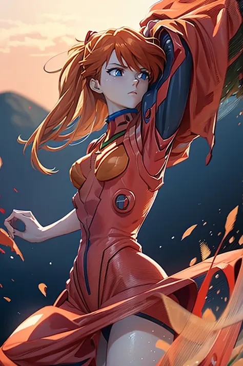 a beautiful girl with red hair wearing a red plugsuit, Asuka Langley Soryu, standing confidently as a model, detailed facial features, piercing blue eyes, flawless skin, elegant pose, white clean background, cinematic lighting, highly detailed, photorealis...