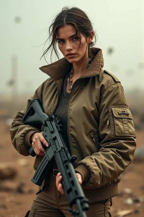 battlefield background, wasteland,, fragments, satin bomber jacket,  woman holding rifle，fighting stance，almost perfect, pure form, intricate details, 8K post-production, high resolution, super detailed, Popular topics on Artstation, sharp focus, Studio ph...