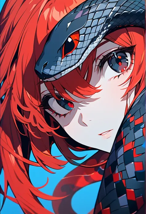 ghibli, a girl with black snake, girl black eyes, red eyes snake, girl red hair, white skin, acrilic art, blue background, face ...