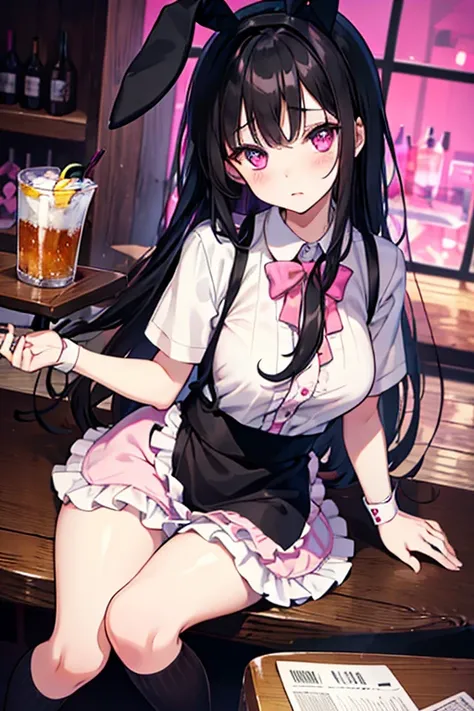 Long dark black hair girl,Pink-eyed girl is a waitress at a bar and has to wear pink bunny clothes with black socks. She is a sexy girl.  