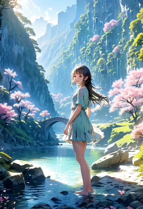 Highest quality, Highest quality, 16K, Unbelievably absurd, Very detailed, 2.5D, delicate and dynamic,pale,Cool colors,A Kind World,River side,Fantasy,One Girl,18-year-old,sexy,smile,Cute