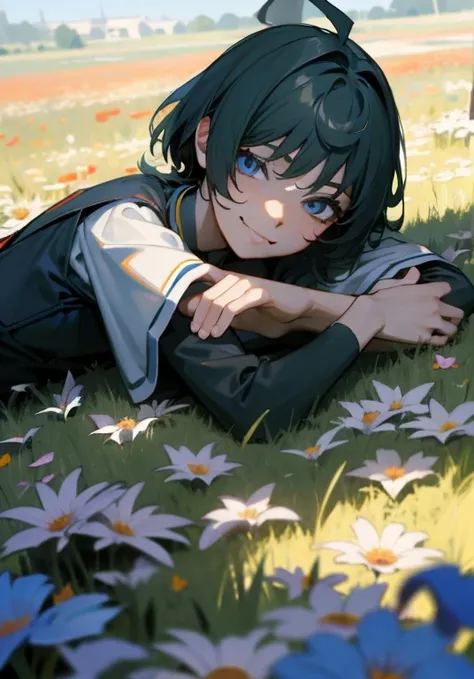 1man, lying on a field with flowers, smiling