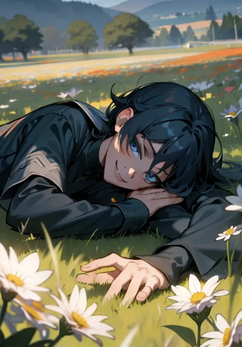 1man, lying on a field with flowers, smiling