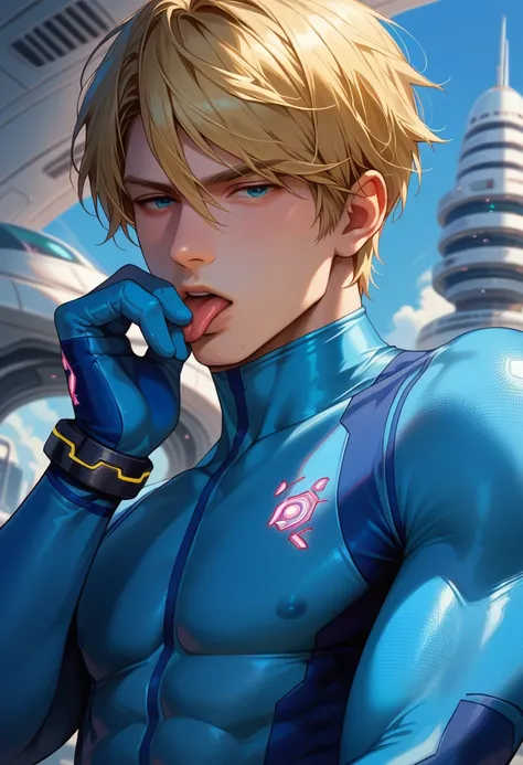 score_9, score_8_up, score_7_up, 1boy, solo, (male:1.5), male focus, male body, defSamus, blonde hair, short hair, bodysuit, blue clothes, blue pants, blue gloves, thoughtful face, liquind pink on mouth, licking own mouth, standing, looking down, spaceship...