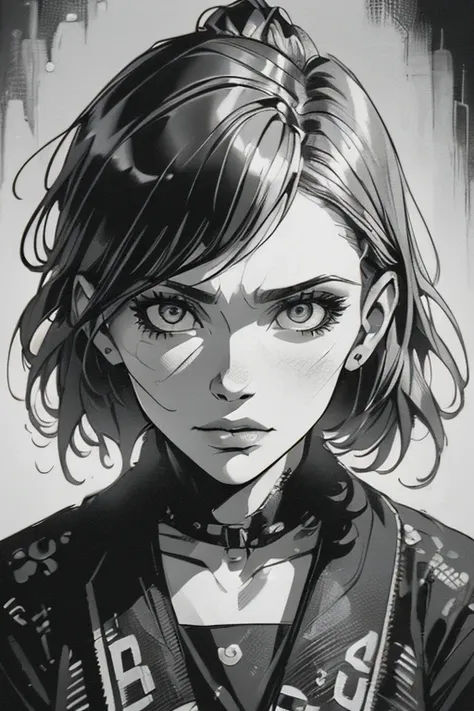 A girl in a mugshot, sketch, black and white, detailed features, vintage style, high contrast lighting, expressive eyes, tousled hair. (best quality, highres, realistic:1.37), vintage, monochrome, intense gaze, dramatic lighting, rugged background, distres...