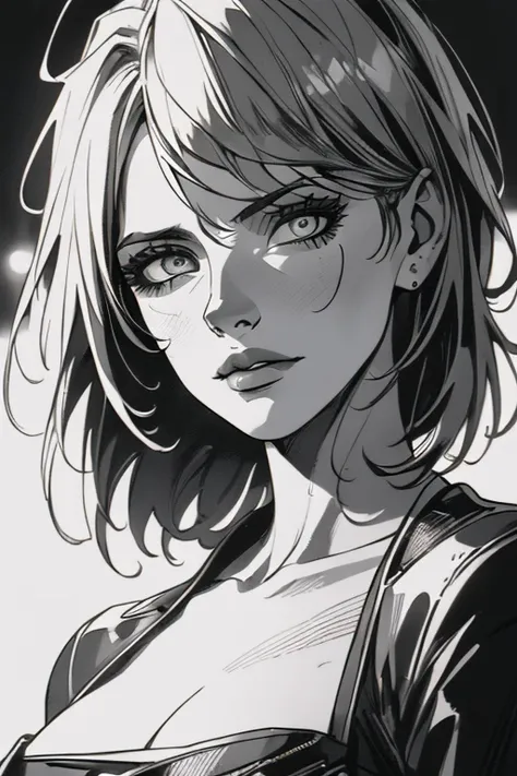 A girl in a mugshot, sketch, black and white, detailed features, vintage style, high contrast lighting, expressive eyes, tousled hair. (best quality, highres, realistic:1.37), vintage, monochrome, intense gaze, dramatic lighting, rugged background, distres...