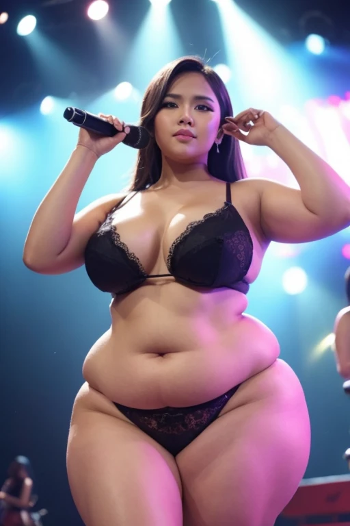 Sexy bbw Indonesian woman standing in the middle of the stage and posing her whole body