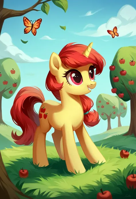 score_9,score_8_up,score_7_up,score_6_up,score_5_up,score_4_up,source_pony,woman playing with a butterfly near a apple tree,feral,solo focus,rating_safe,