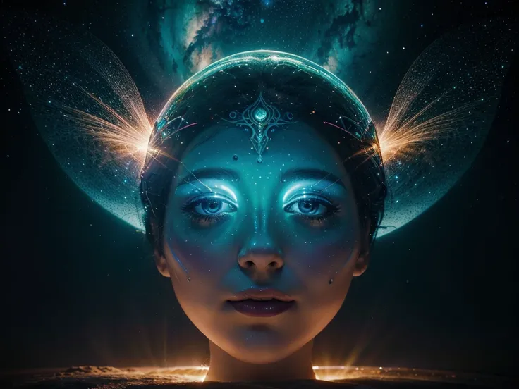 A shimmering celestial being, the phosphorescent aetherial galactic nomad floats through space, radiating ethereal light. This otherworldly figure is depicted in an acrylic painting, capturing the surreal essence of the cosmic traveler. The intricate detai...