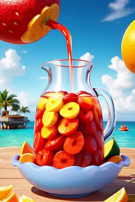 You can create a super large fruit juice jug with lots of chopped fruits floating in the middle of the sea.