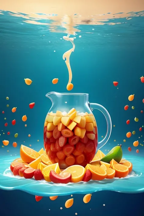 You can create a super large fruit juice jug with lots of chopped fruits floating in the middle of the sea.