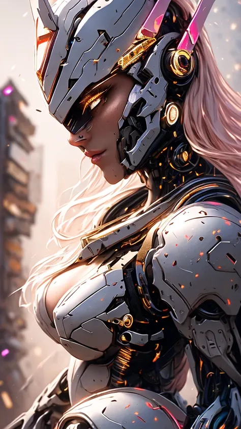 Medium shot of sexy female cyborg wearing scratched and discolored futuristic armor in a destroyed futuristic city, fancy, fancy과학, Beautiful female face, fascinating, result, Fog, Bright, alluring eyes, A masterpiece of the highest quality, realistic, det...