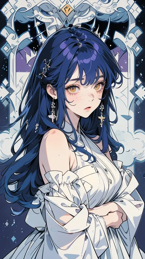 anime girl 20 years old with narrow yellow eyes, a smoll mole under the eye, bruises under the eye, inconspicuous freckles on the nose, straight dark purple-blue hair below the shoulders and oblique long bangs covering the left eye, pale skin, tired look, ...