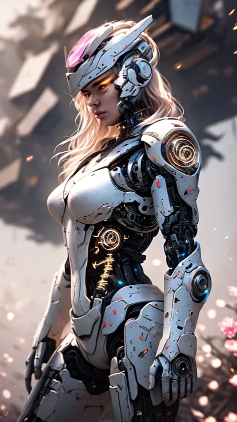 Medium shot of sexy female cyborg wearing scratched and discolored futuristic armor in a destroyed futuristic city, fancy, fancy과학, Beautiful female face, fascinating, result, Fog, Bright, alluring eyes, A masterpiece of the highest quality, realistic, det...